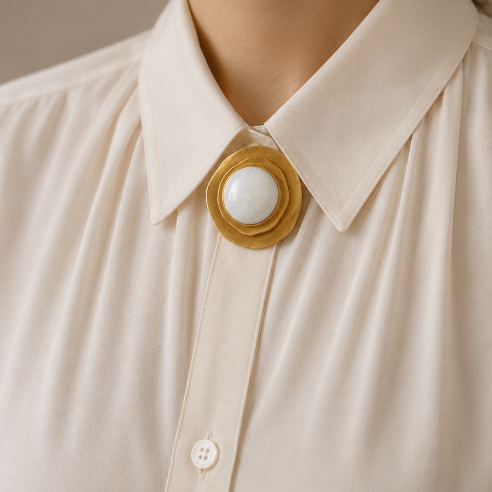 Vintage Gold Tone White Cabochon Brooch Pin
